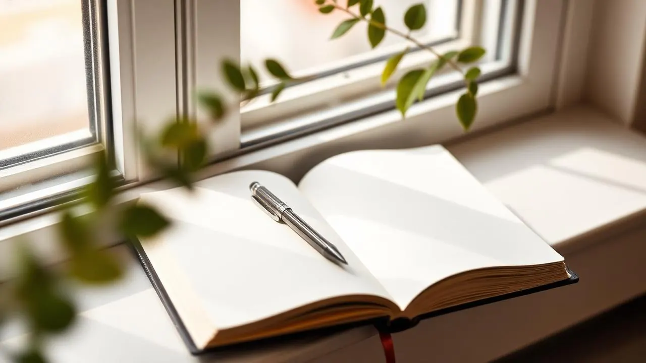 An open journal and pen on a linen surface in warm morning light