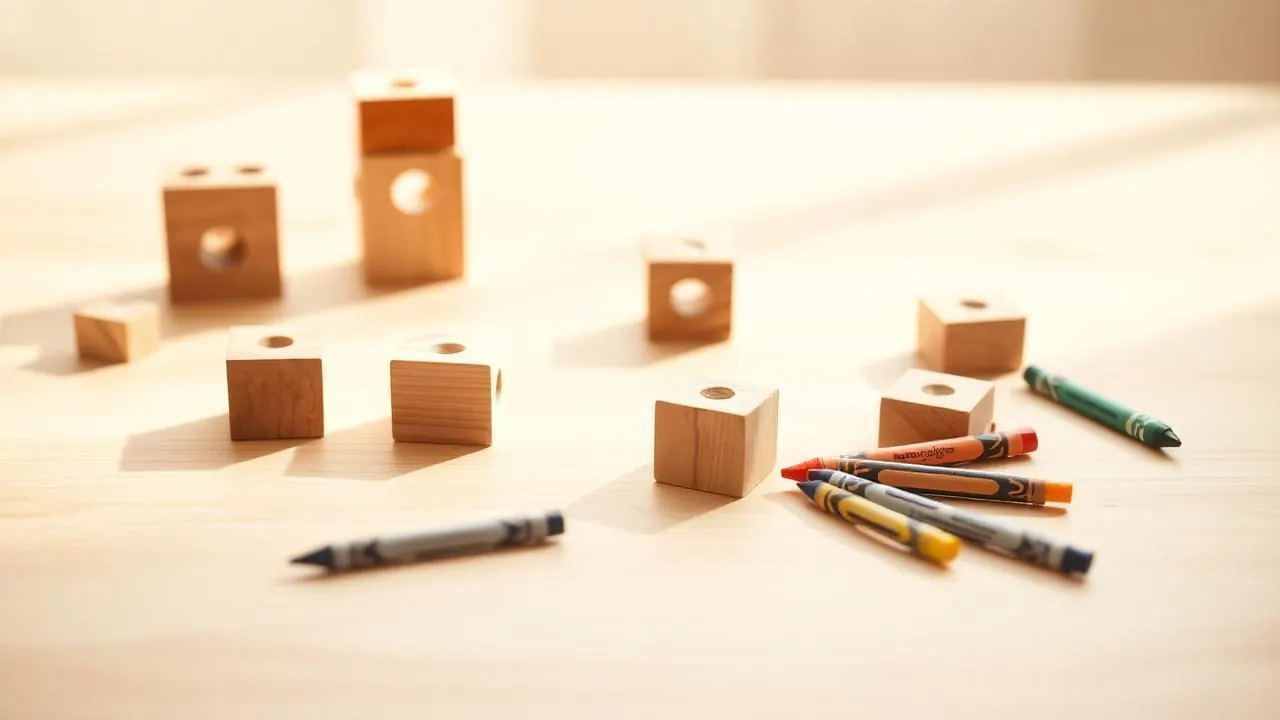Wooden building blocks arranged on a light table in soft daylight