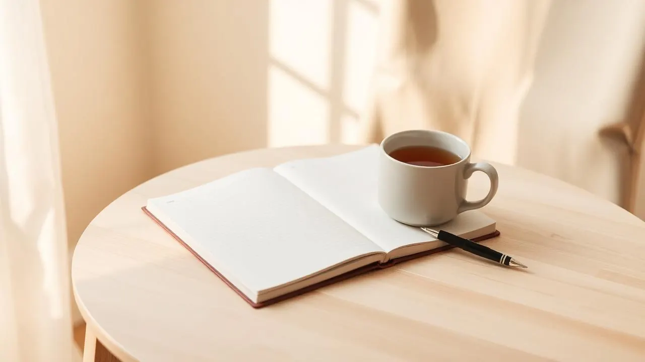 An open notebook and a cup of tea on a wooden side table