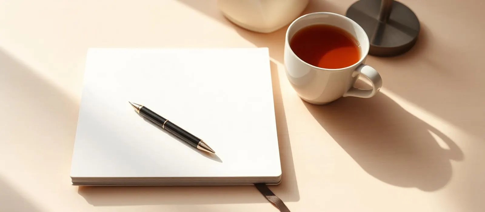 A notebook, pen and cup of tea on a wooden desk in warm morning light