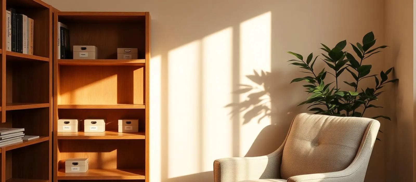 A bookshelf with therapy books and a plant beside a window in the consulting room